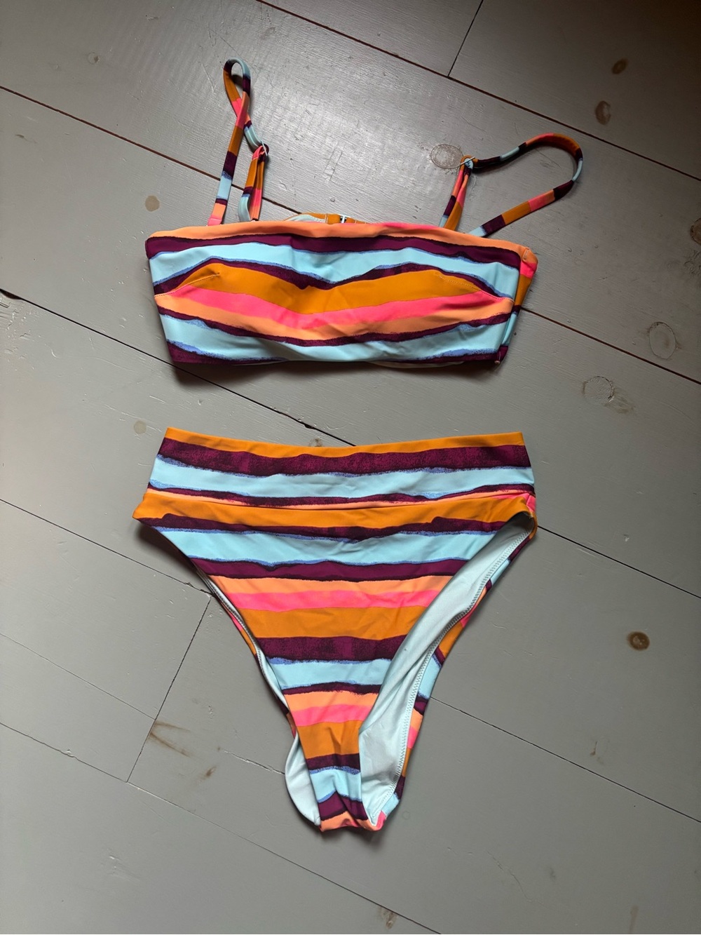 aerie Stripe Bikini bandeau Top and cheeky high waisted bottoms- Large